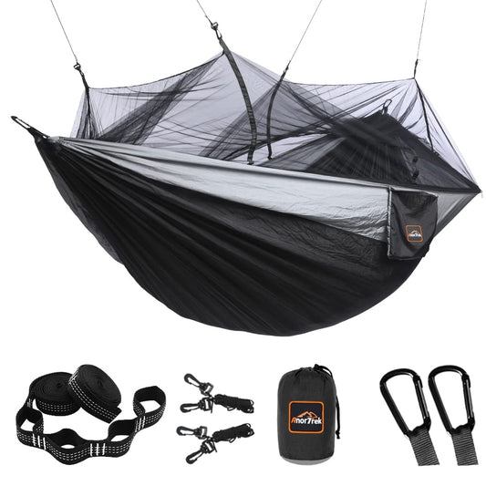 AnorTrek Camping Hammock with Mosquito Net Double & Single Lightweight Portable Hammocks with Tree Straps Parachute Hammock for Camping Backpacking (Black&Gray Double 118L x 78W)