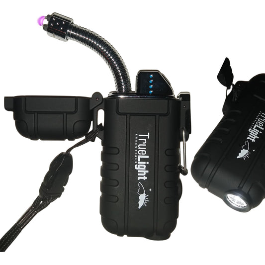 TrueLightEssentials Electric Rechargeable Plasma Lighter - Waterproof USB Arc Lighters with Flashlight LED Battery Indicator and Flexible Neck for Candle Survival Camping Essentials Emergency (Black)