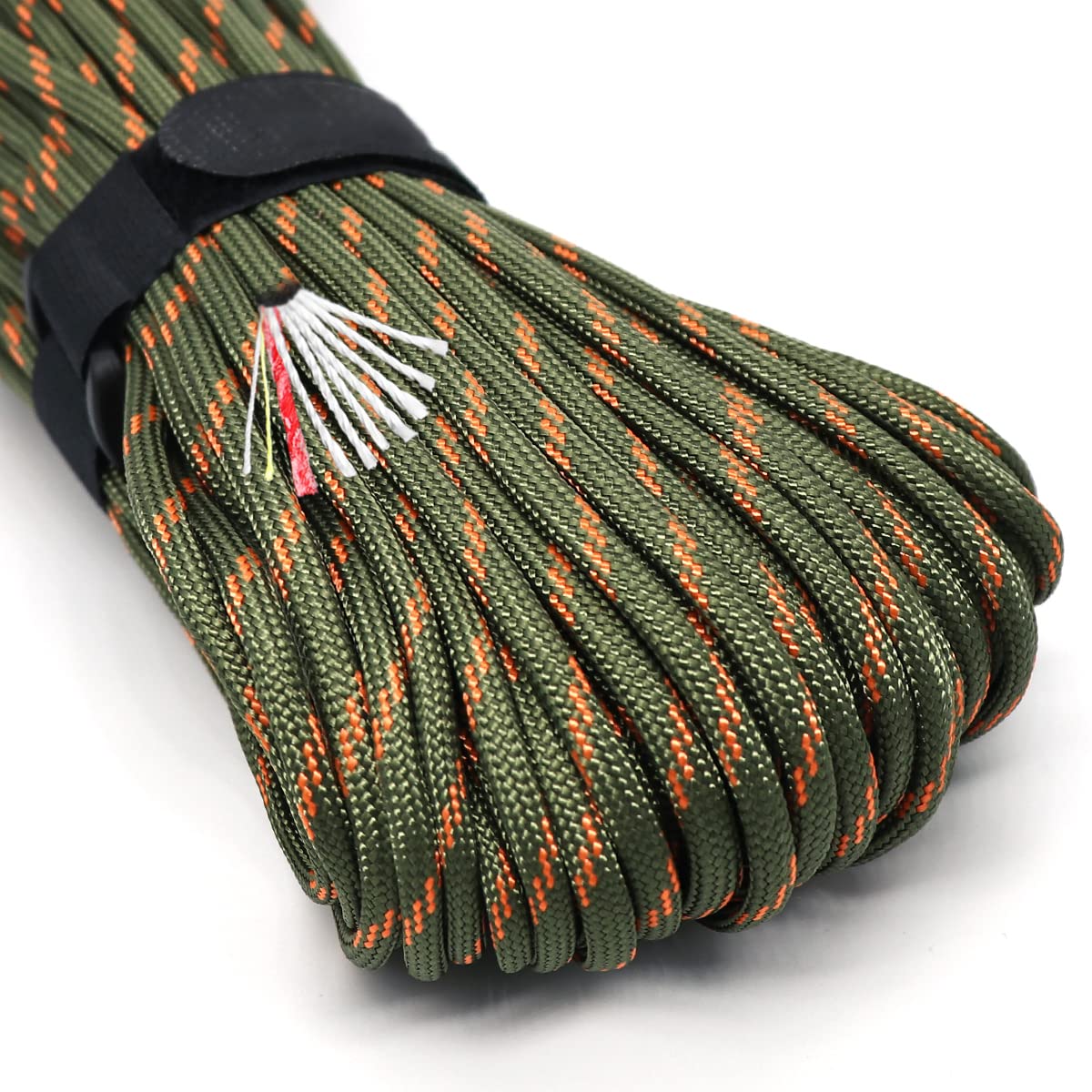 Survival Paracord Rope PSKOOK 100 Feet Fire Starter Parachute Cord 7-Strand Nylon with Red Tinder Cord PE Fishing Line Cotton Thread for Outdoor Lanyards Bracelets Handle Wraps (Army Green Camo)