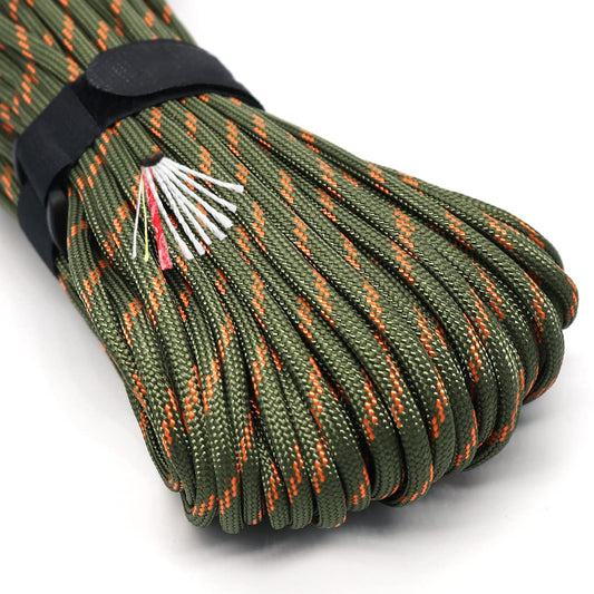 Survival Paracord Rope PSKOOK 100 Feet Fire Starter Parachute Cord 7-Strand Nylon with Red Tinder Cord PE Fishing Line Cotton Thread for Outdoor Lanyards Bracelets Handle Wraps (Army Green Camo)