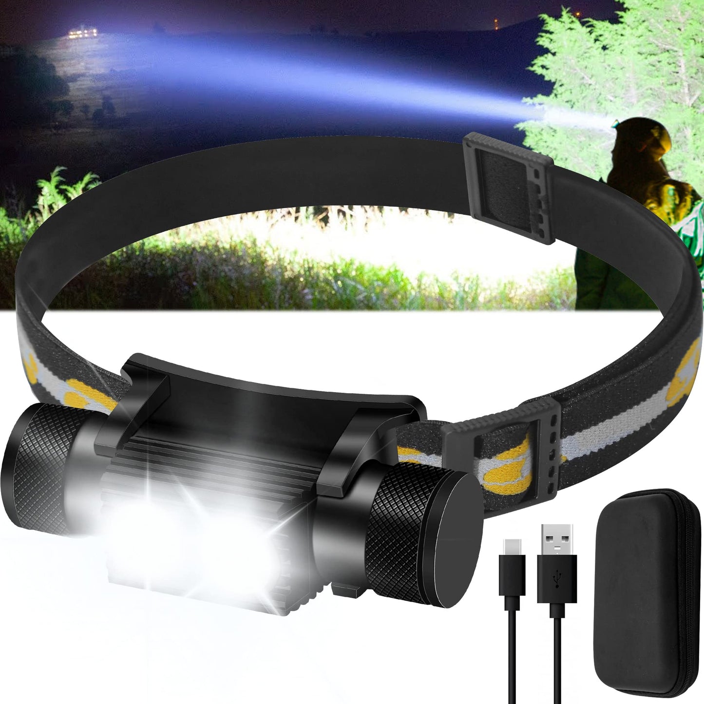 Rugtol 1200 Lumen Rechargeable LED Headlamp Black Battery Powered Adjustable Light Modes Impact Resistant Waterproof